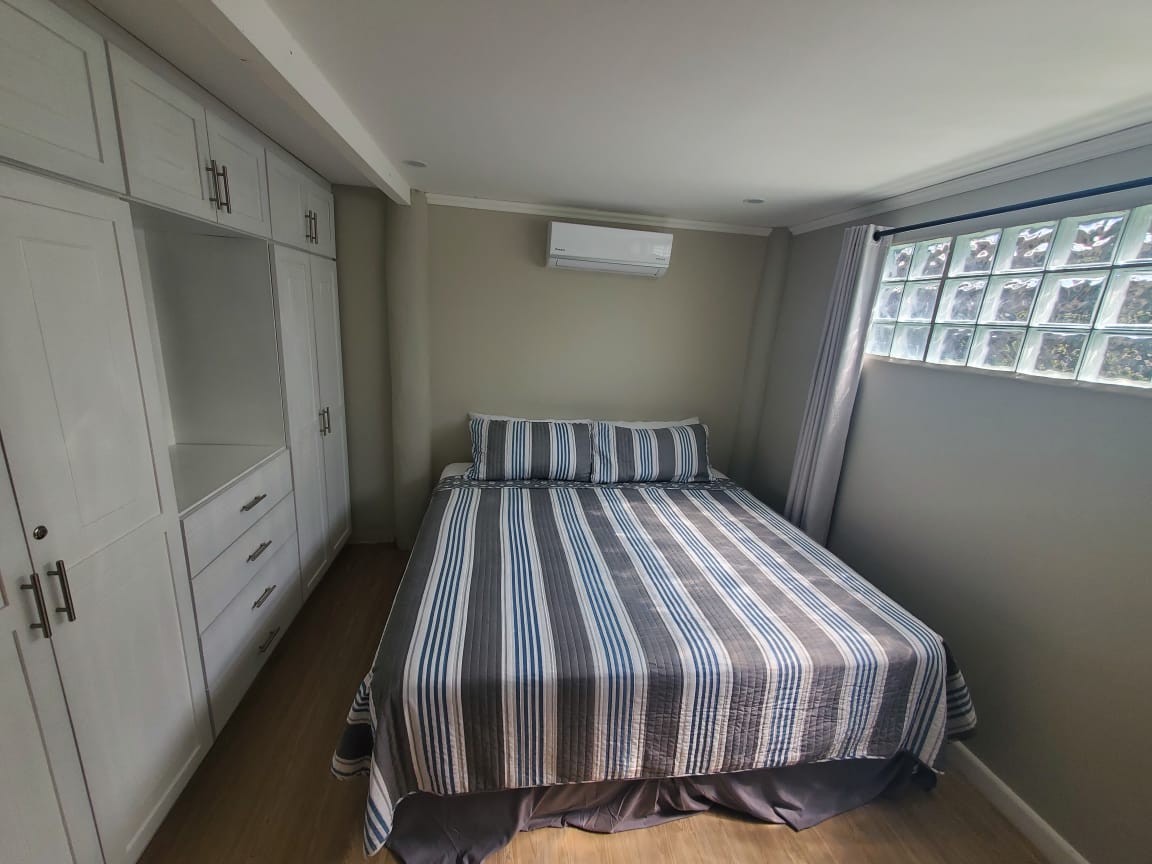 Bedroom with built-in closet and glass block window